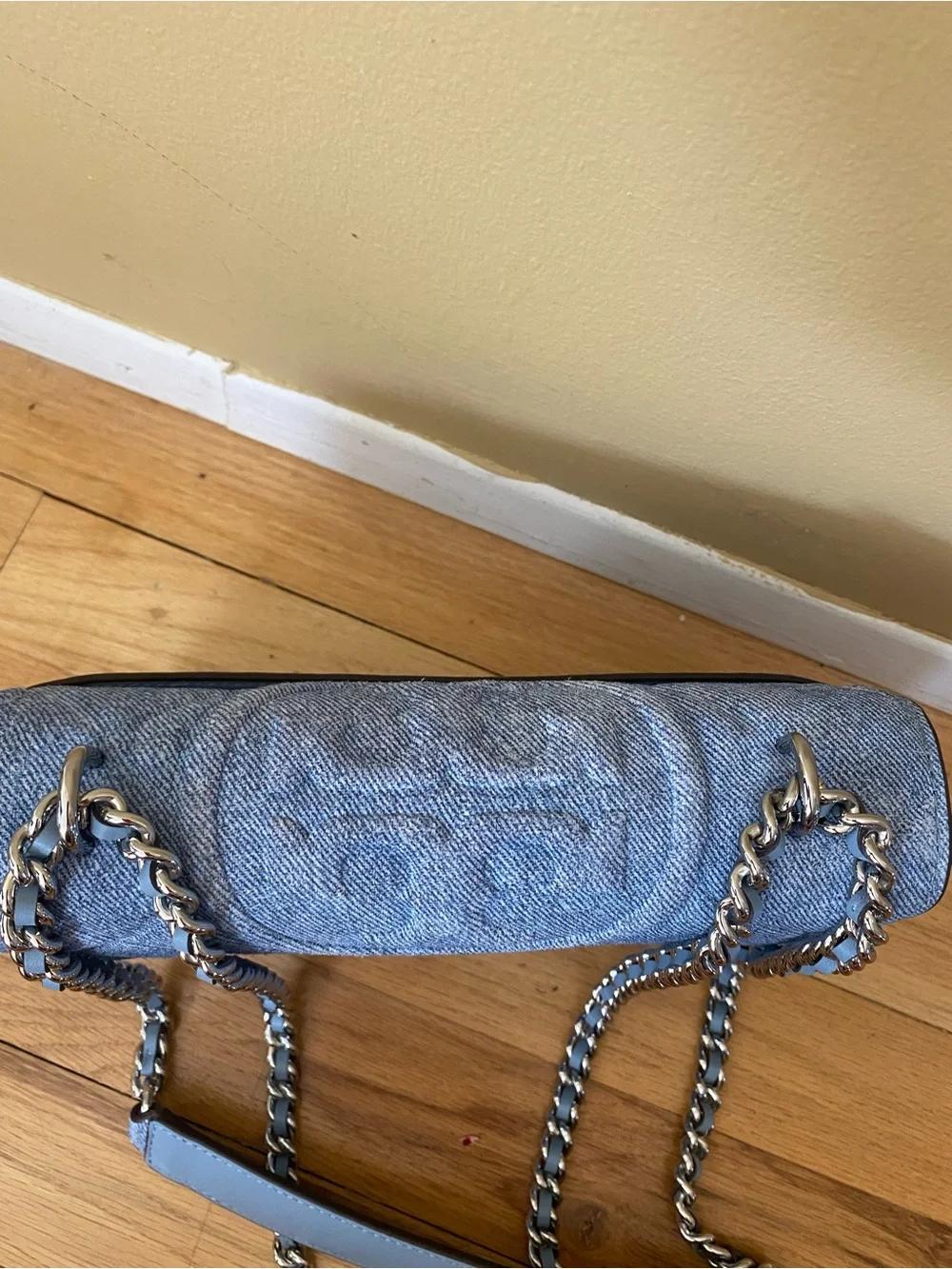 Tory Burch small Fleming shoulder bag. Quilted suede denim. Silver strap